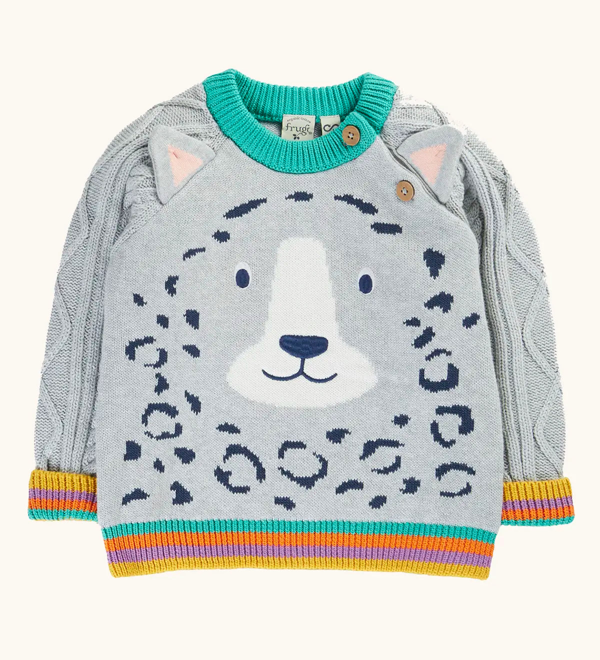 Frugi snow leopard organic cotton character knit jumper with 3d ears, green neck trim and rainbow arm cuffs and hemline. 