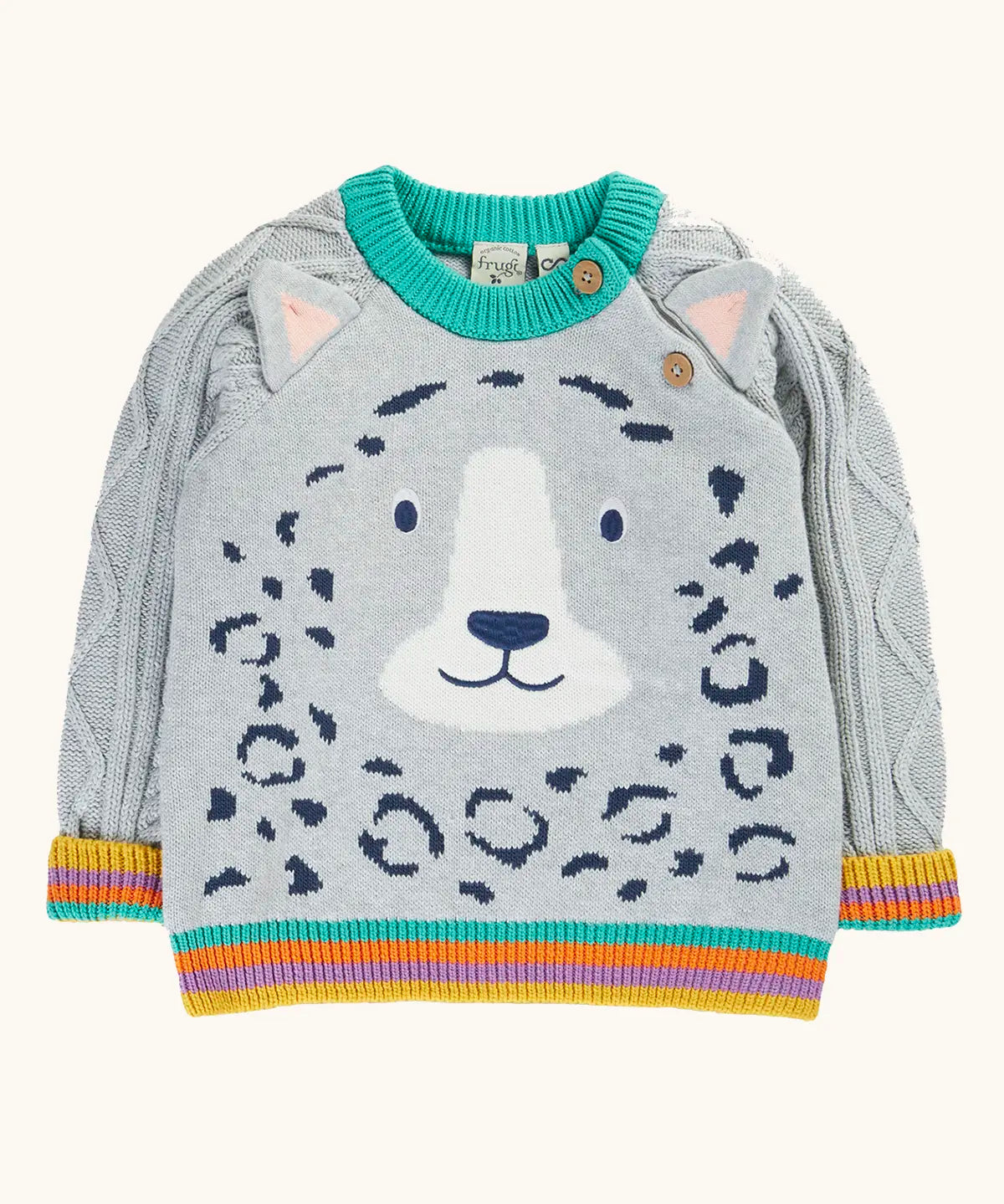 Frugi snow leopard organic cotton character knit jumper with 3d ears, green neck trim and rainbow arm cuffs and hemline. 