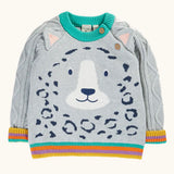 Frugi snow leopard organic cotton character knit jumper with 3d ears, green neck trim and rainbow arm cuffs and hemline. 