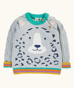 Frugi snow leopard organic cotton character knit jumper with 3d ears, green neck trim and rainbow arm cuffs and hemline. 