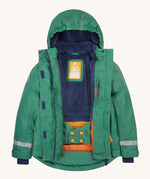 Frugi kids snow and ski coat in green with a mountain scene print. Opened to reveal the thick and warm thick navy fleece inner with a name patch stitched inside. Features a full length zip with velcro fasteners. 