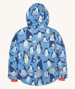 The back of the Frugi kids snow and ski coat in penguin waddle showing the hood detail, orange storm cuffs and reflective strips and patches on blue recycled polyester fabric