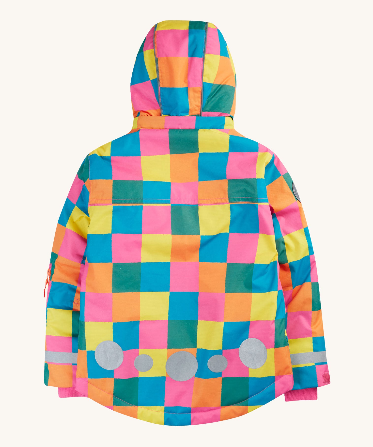 The back of the Frugi kids snow and ski coat in rainbow check showing the hood detail, pink storm cuffs and reflective strips and patches on recycled polyester fabric