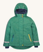 Frugi kids snow and ski coat in green with a mountain scene print. A thick and warm hooded winter green coat made for winter. Features a thick navy fleece inner, yellow poppers at the top and bottom for a secured fit and 2 side zipped pockets. 