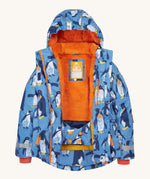 Frugi kids snow and ski coat in penguin waddle. A light blue thick recycled polyester coat with a padded orange inner. Features a snow skirt and a name patch stitched on the inside