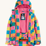 Frugi kids snow and ski coat in rainbow check. A bright check design recycled polyester coat with a padded pink fleece inner. Features a snow skirt and a name patch stitched on the inside