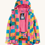 Frugi kids snow and ski coat in rainbow check. A bright check design recycled polyester coat with a padded pink fleece inner. Features a snow skirt and a name patch stitched on the inside