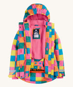 Frugi kids snow and ski coat in rainbow check. A bright check design recycled polyester coat with a padded pink fleece inner. Features a snow skirt and a name patch stitched on the inside