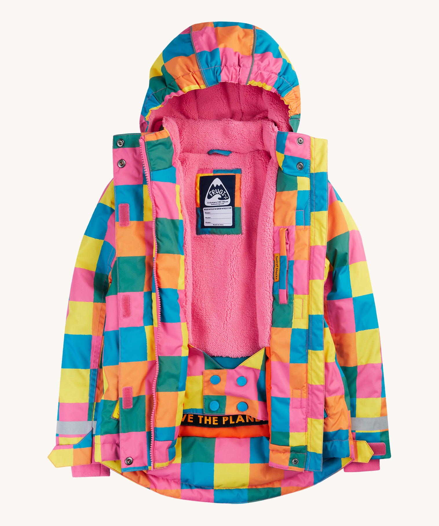 Frugi kids snow and ski coat in rainbow check. A bright check design recycled polyester coat with a padded pink fleece inner. Features a snow skirt and a name patch stitched on the inside