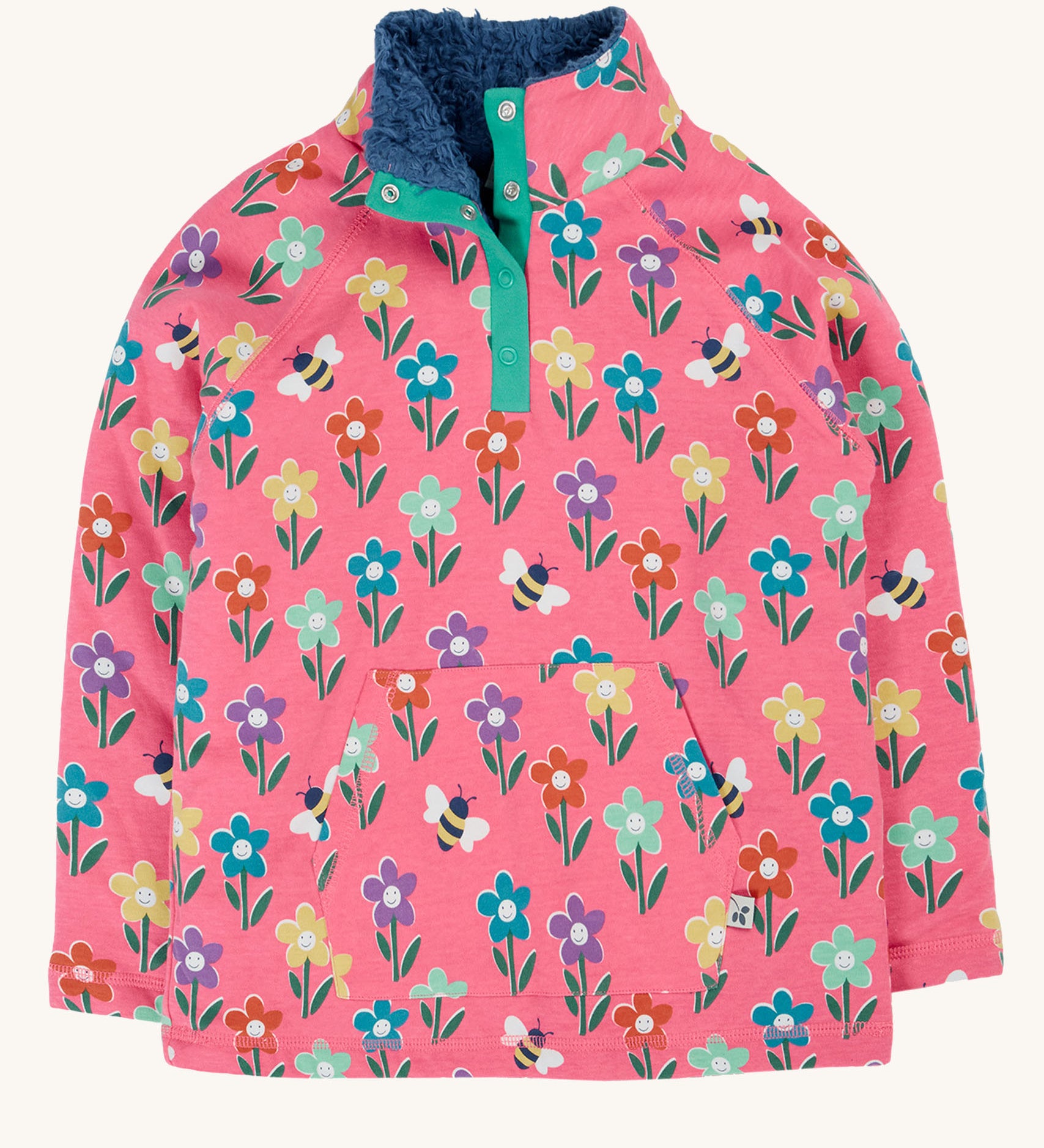 Frugi tulip pink kids snuggle fleece with a fun flowers design. These fleeces are made with organic cotton.