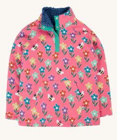 Frugi tulip pink kids snuggle fleece with a fun flowers design. These fleeces are made with organic cotton.