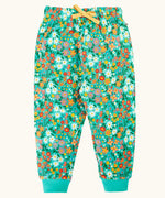 Frugi organic cotton kids snuggle joggers in green with an all over wildflower wander themed print.
