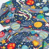Close up of the Frugi Sofia organic cotton skater dress in navy with an all over explore the stars print. 