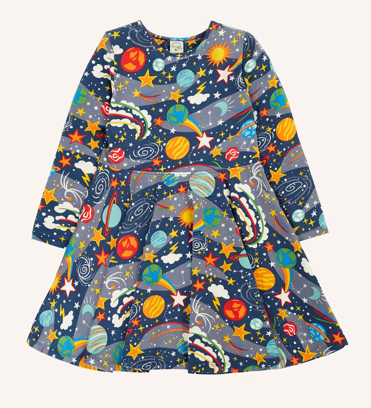 Frugi Sofia organic cotton skater dress in navy with an all over explore the stars print. 