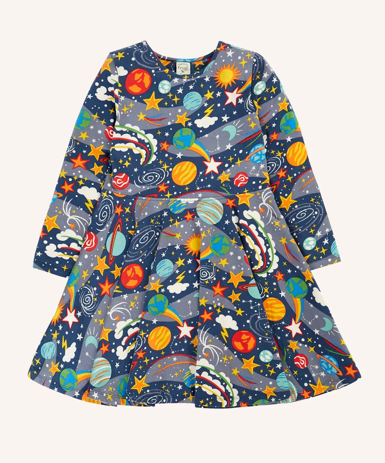 Frugi Sofia organic cotton skater dress in navy with an all over explore the stars print. 