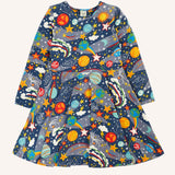 Frugi Sofia organic cotton skater dress in navy with an all over explore the stars print. 