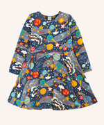 Frugi Sofia organic cotton skater dress in navy with an all over explore the stars print. 