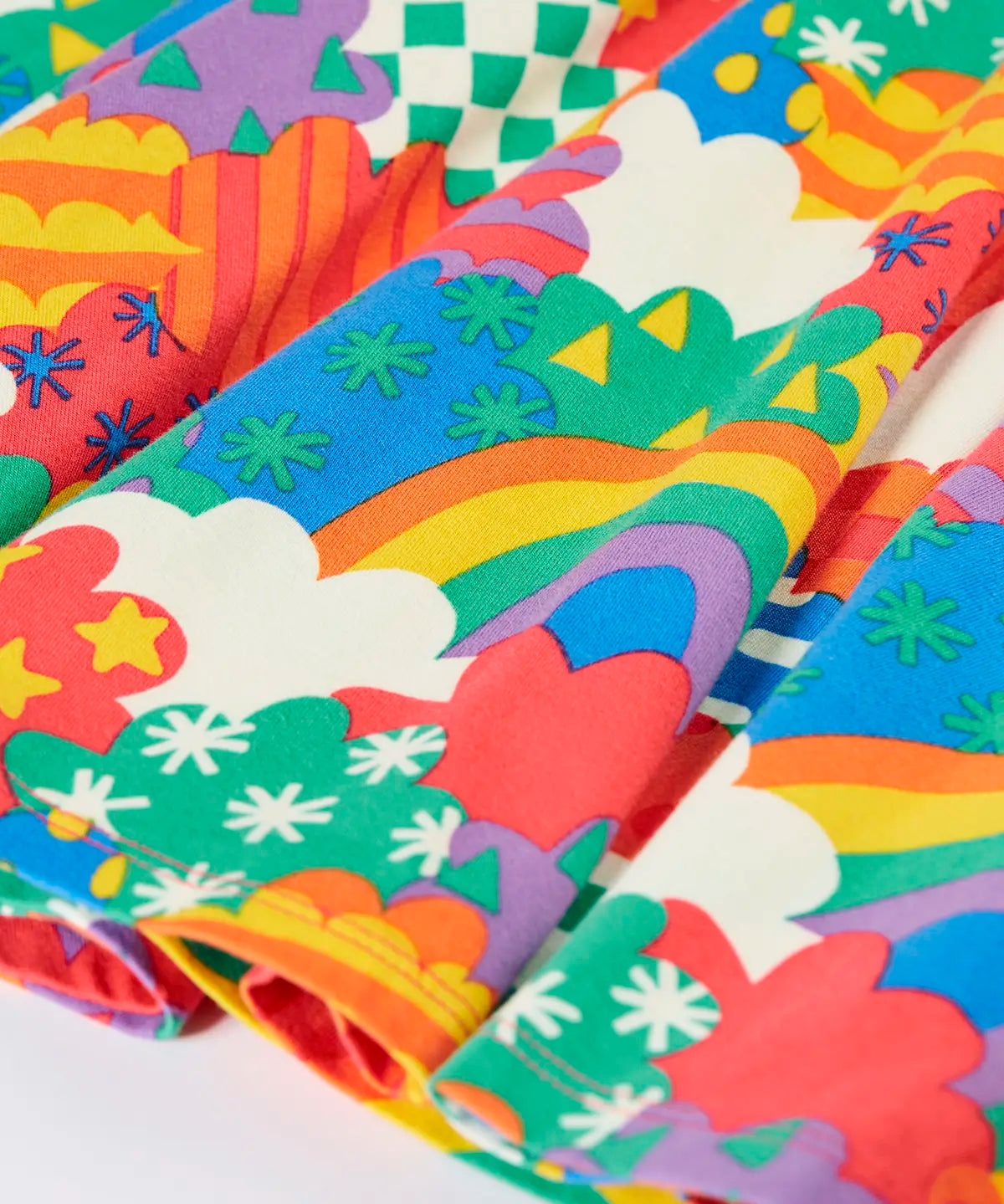 Close up of the hemline on the skirt of the Frugi Sofia organic cotton long sleeved skater dress in a multi-coloured fun frenzy print