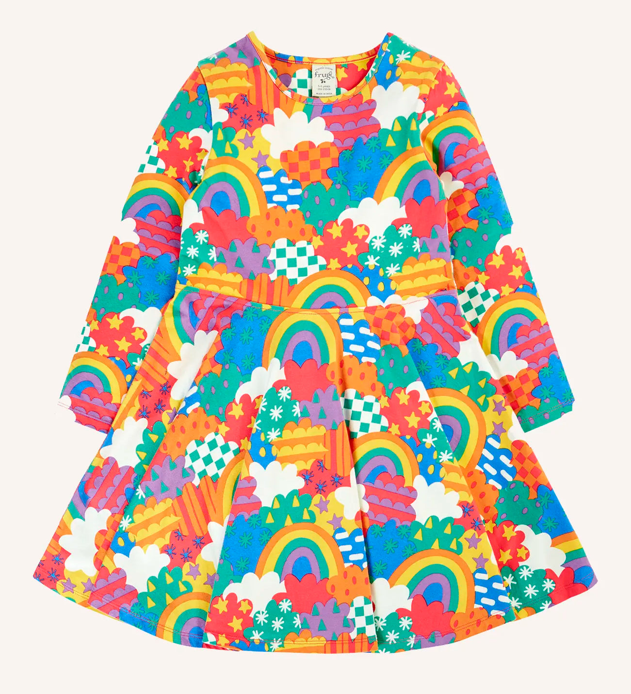Frugi Sofia organic cotton long sleeved skater dress in a multi-coloured fun frenzy print. 