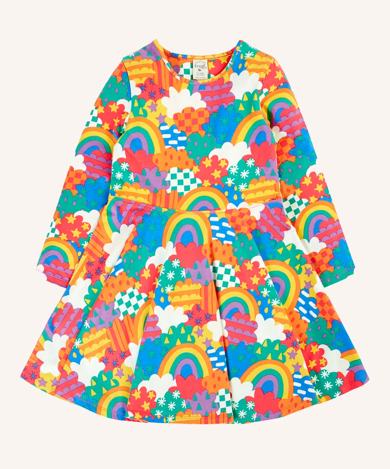 Frugi Sofia organic cotton long sleeved skater dress in a multi-coloured fun frenzy print. 