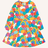 Frugi Sofia organic cotton long sleeved skater dress in a multi-coloured fun frenzy print. 
