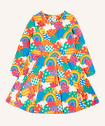 Frugi Sofia organic cotton long sleeved skater dress in a multi-coloured fun frenzy print. 
