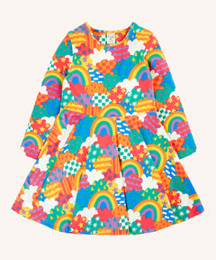 Frugi Sofia organic cotton long sleeved skater dress in a multi-coloured fun frenzy print. 