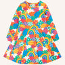 Frugi Sofia organic cotton long sleeved skater dress in a multi-coloured fun frenzy print. 