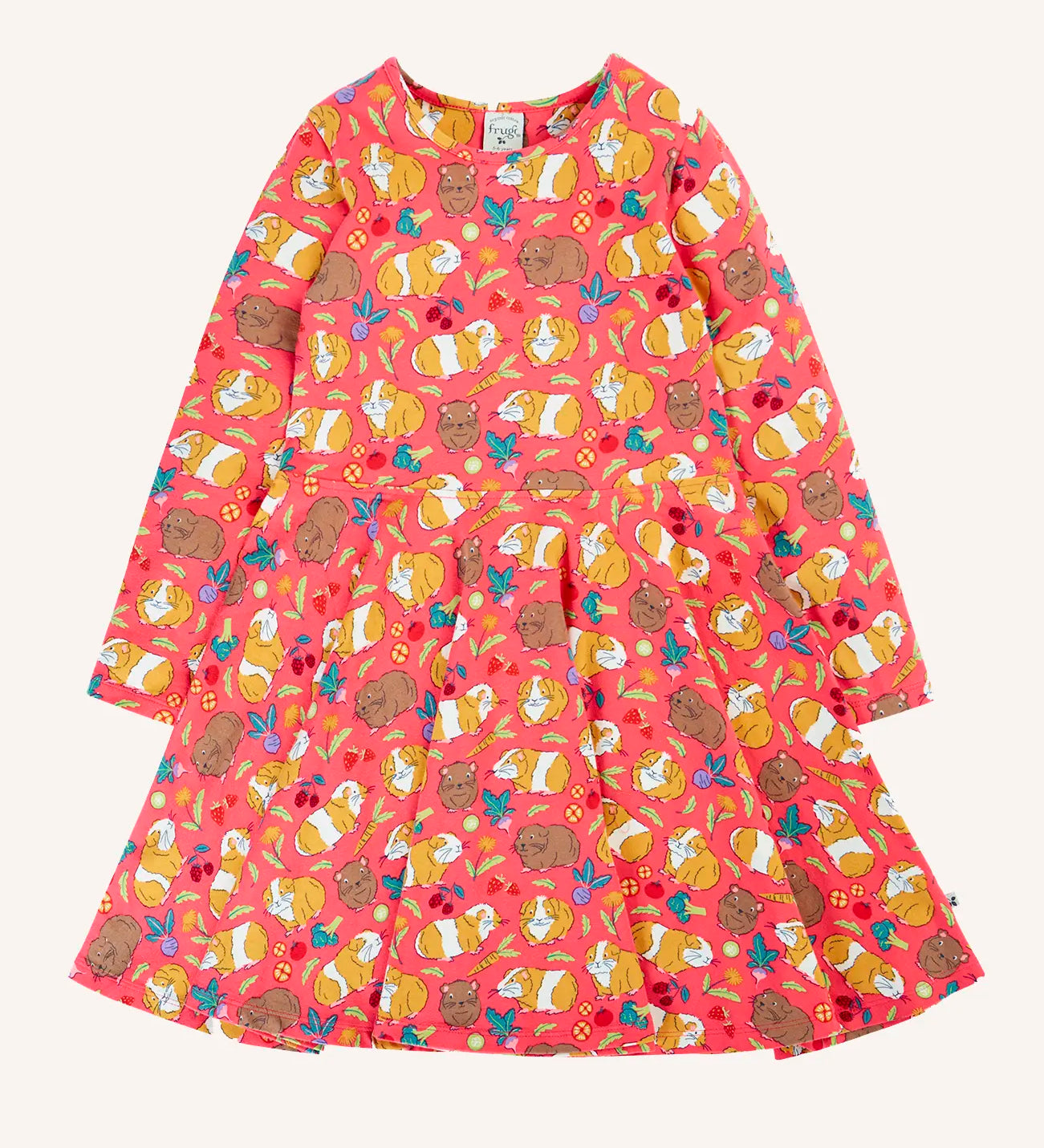 Frugi Sofia skater dress in pink with an all over guinea pig muddle print. 