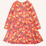 Frugi Sofia skater dress in pink with an all over guinea pig muddle print. 