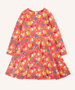 Frugi Sofia skater dress in pink with an all over guinea pig muddle print. 
