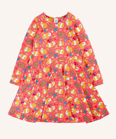 Frugi Sofia skater dress in pink with an all over guinea pig muddle print. 