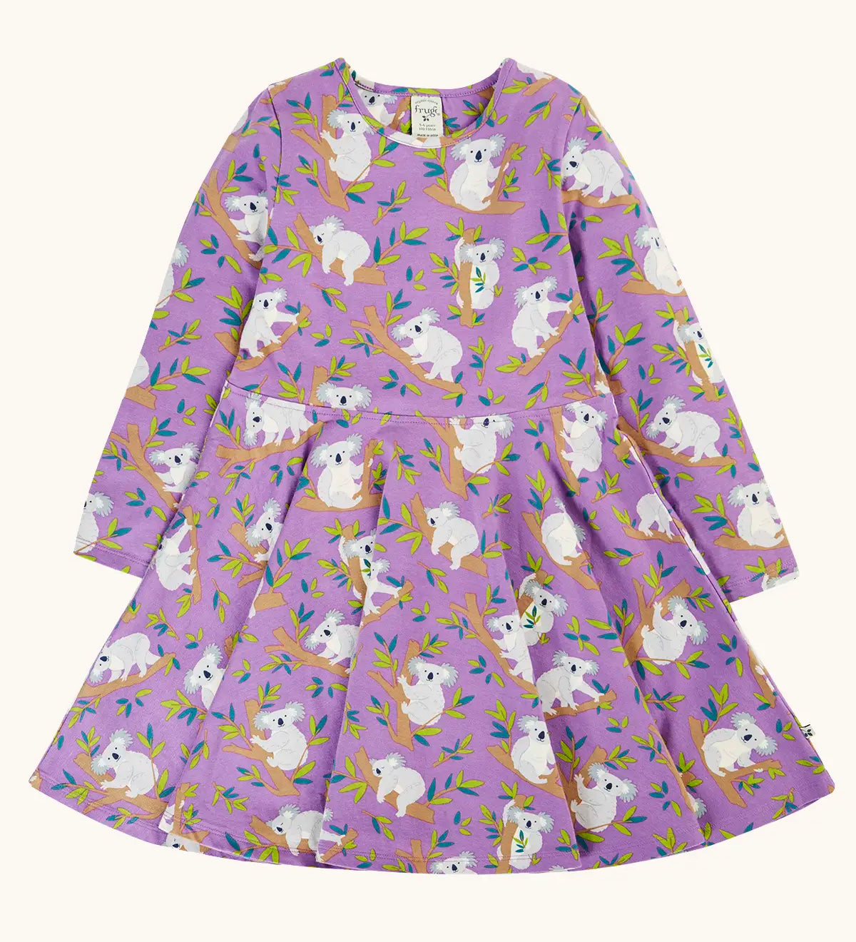 Frugi Sofia organic cotton skater dress in purple with an all over koala cuddles print.