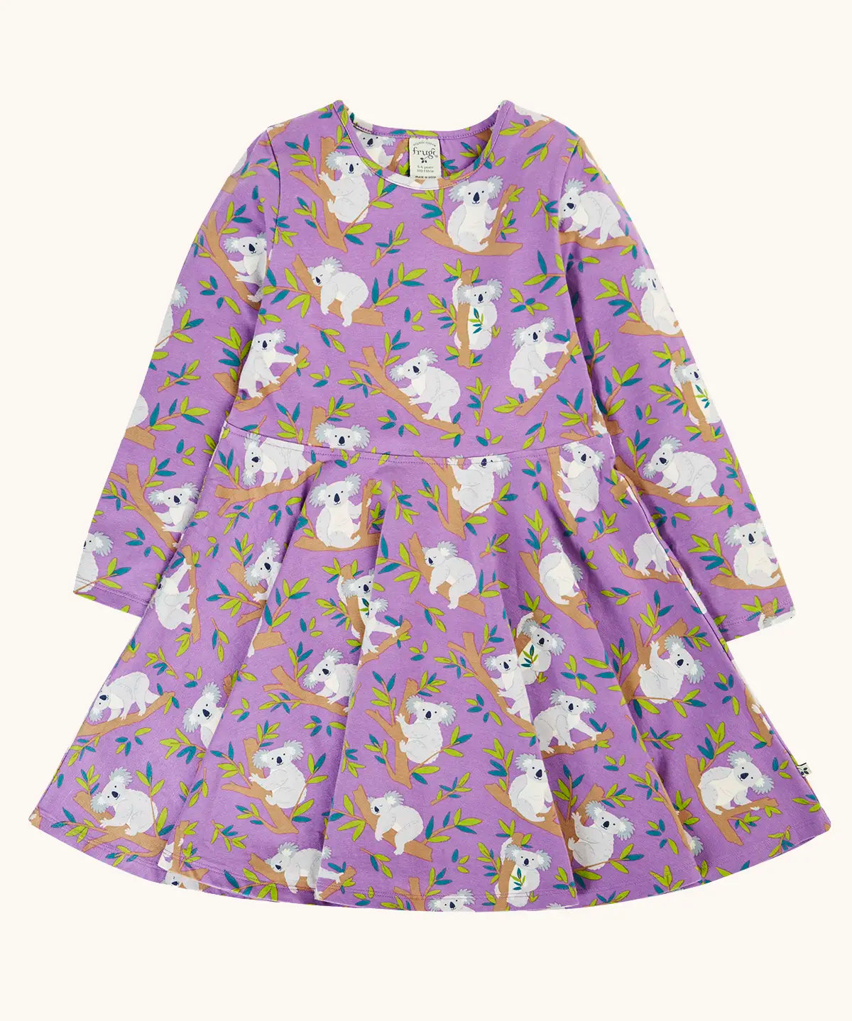 Frugi Sofia organic cotton skater dress in purple with an all over koala cuddles print.