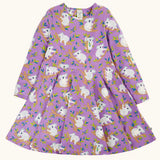Frugi Sofia organic cotton skater dress in purple with an all over koala cuddles print.