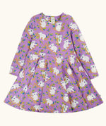 Frugi Sofia organic cotton skater dress in purple with an all over koala cuddles print.