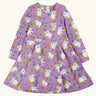 Frugi Sofia organic cotton skater dress in purple with an all over koala cuddles print.