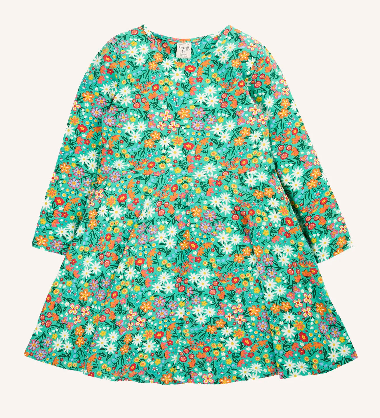 Frugi Sofia organic cotton kids long sleeved skater dress in green with an all over wildflower wander print. 