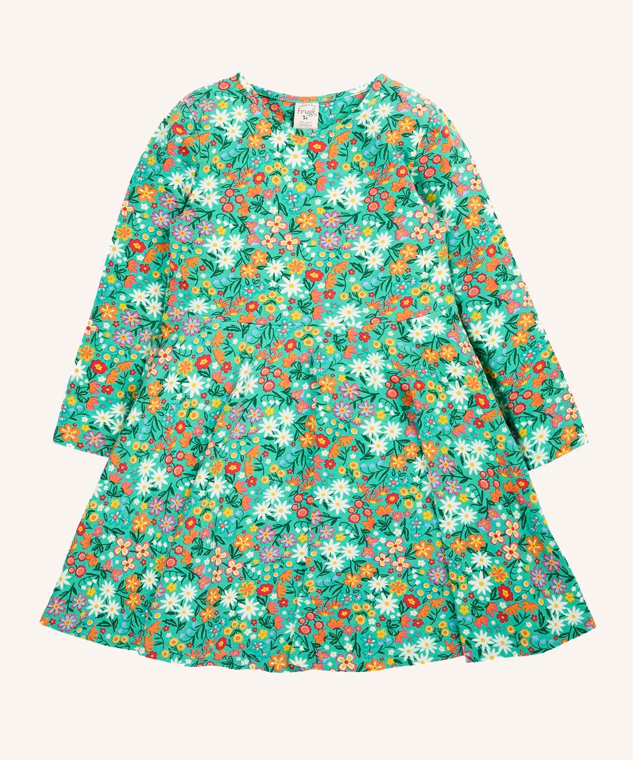Frugi Sofia organic cotton kids long sleeved skater dress in green with an all over wildflower wander print. 