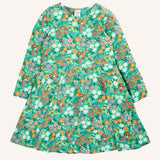 Frugi Sofia organic cotton kids long sleeved skater dress in green with an all over wildflower wander print. 