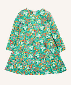 Frugi Sofia organic cotton kids long sleeved skater dress in green with an all over wildflower wander print. 