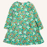 Frugi Sofia organic cotton kids long sleeved skater dress in green with an all over wildflower wander print. 
