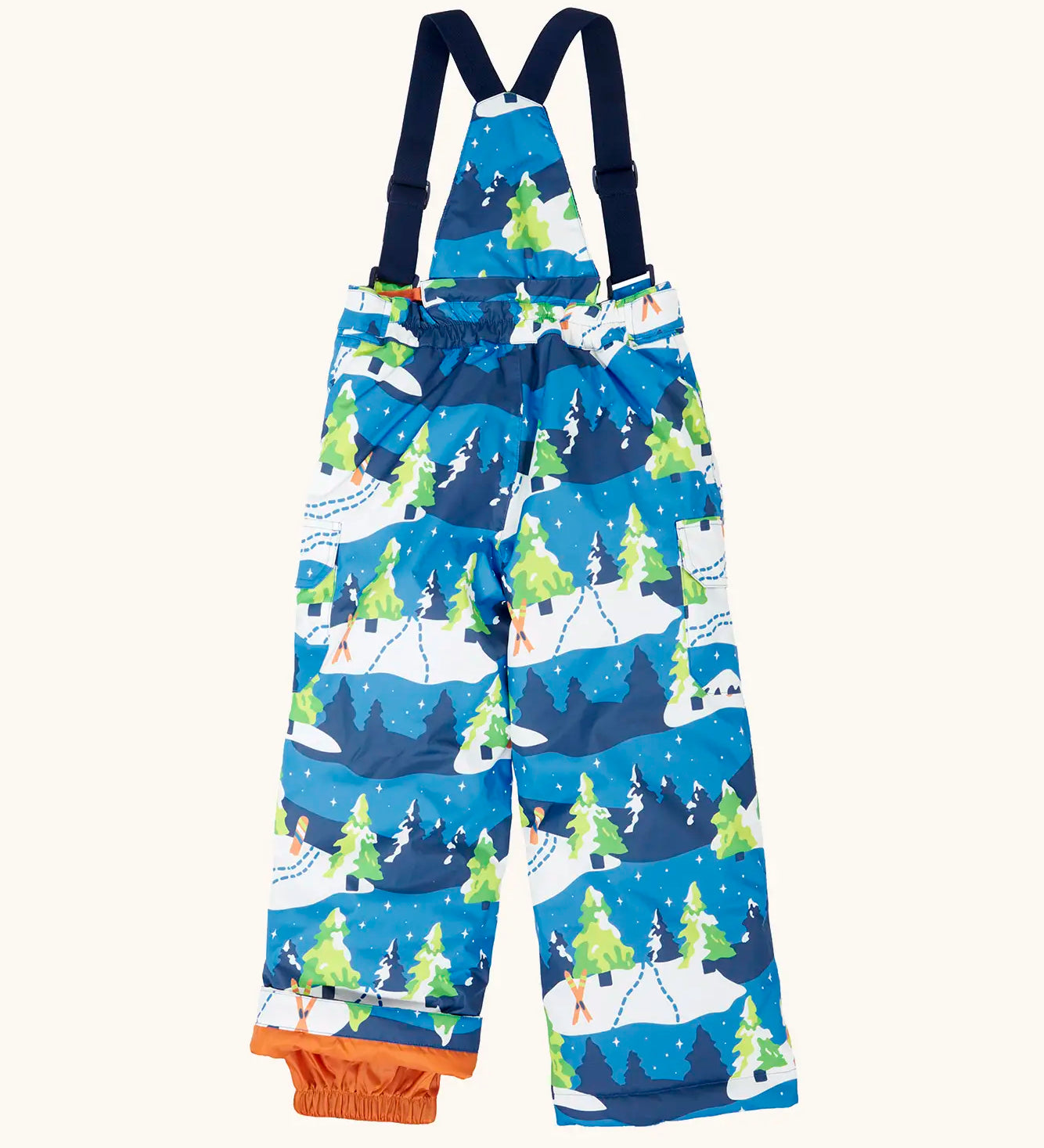 The back of the Frugi kids snow and ski salopettes in starry slopes. showing the elasticated waist band detail on blue recycled polyester fabric