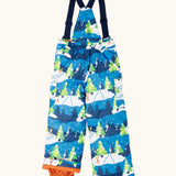 The back of the Frugi kids snow and ski salopettes in starry slopes. showing the elasticated waist band detail on blue recycled polyester fabric
