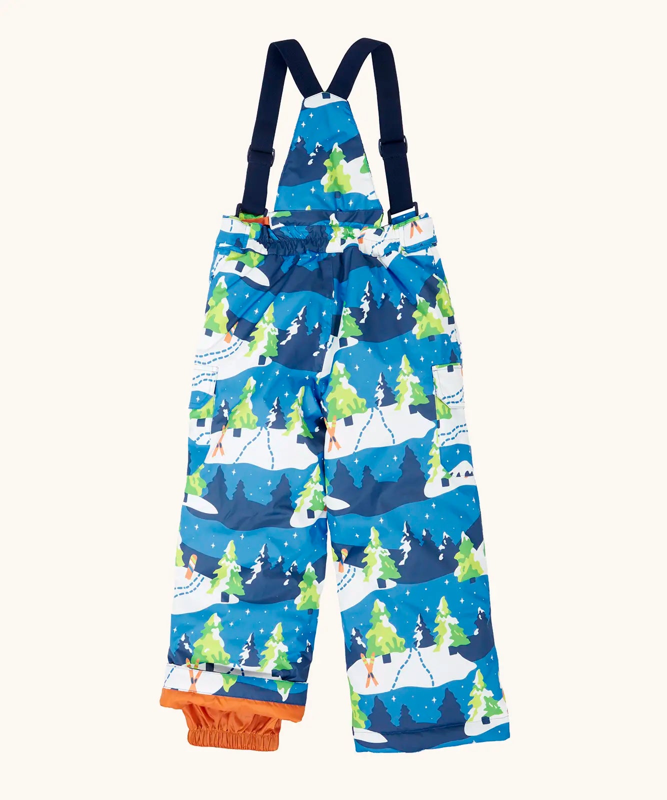 The back of the Frugi kids snow and ski salopettes in starry slopes. showing the elasticated waist band detail on blue recycled polyester fabric