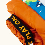 Frugi starry slopes snow and ski salopettes showing close up of the orange elasticated cuff 