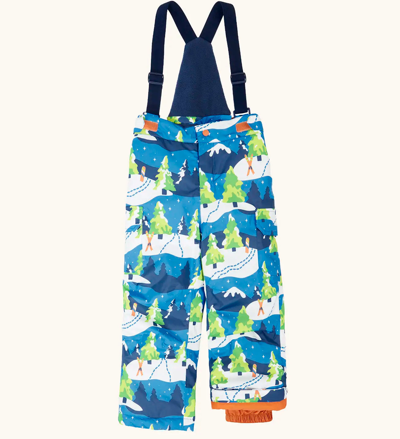 Frugi kids snow and ski salopettes in starry slopes. A blue recycled polyester waterproof salopettes. Features removable straps and orange legs cuffs