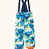 Frugi kids snow and ski salopettes in starry slopes. A blue recycled polyester waterproof salopettes. Features removable straps and orange legs cuffs