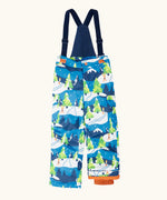 Frugi kids snow and ski salopettes in starry slopes. A blue recycled polyester waterproof salopettes. Features removable straps and orange legs cuffs