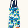 Frugi kids snow and ski salopettes in starry slopes. A blue recycled polyester waterproof salopettes. Features removable straps and orange legs cuffs